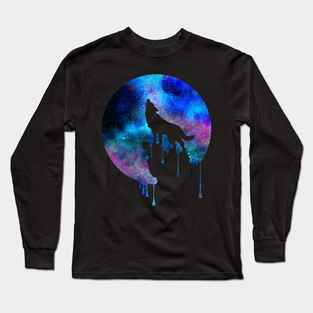 Howling Wolf Moon Space Galaxy Drips Hipster Trend Gift T-Shirt Long Sleeve T-Shirt by CheesyB